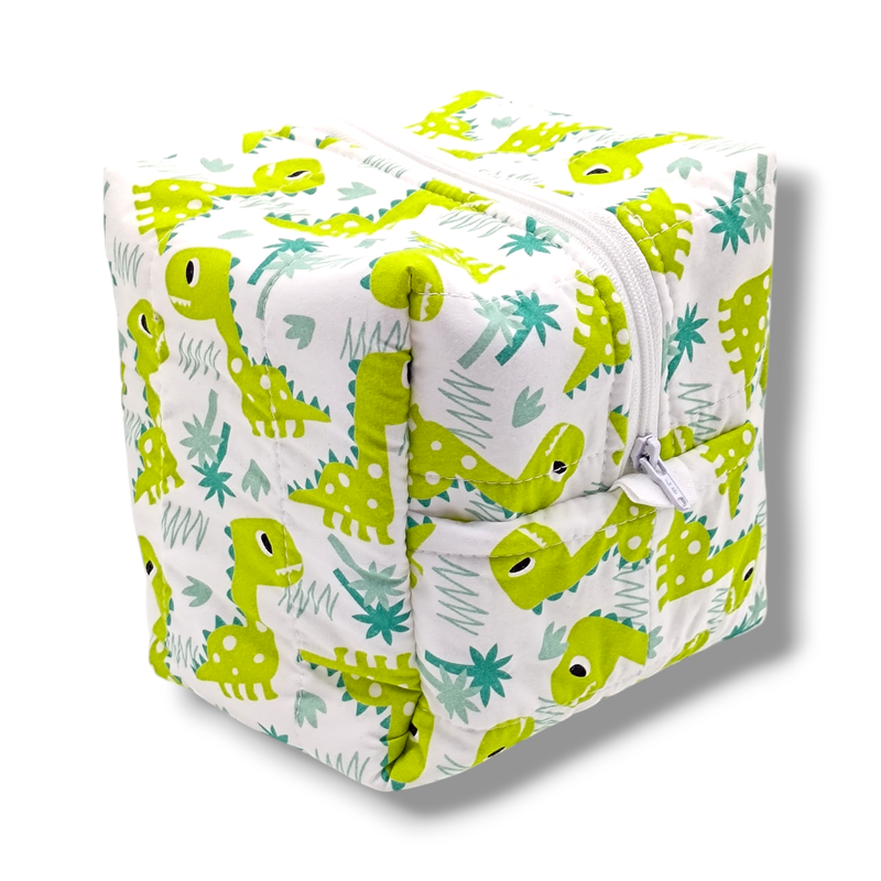 Neceser cubo acolchado estampado dinos verde en petitmandarina.com